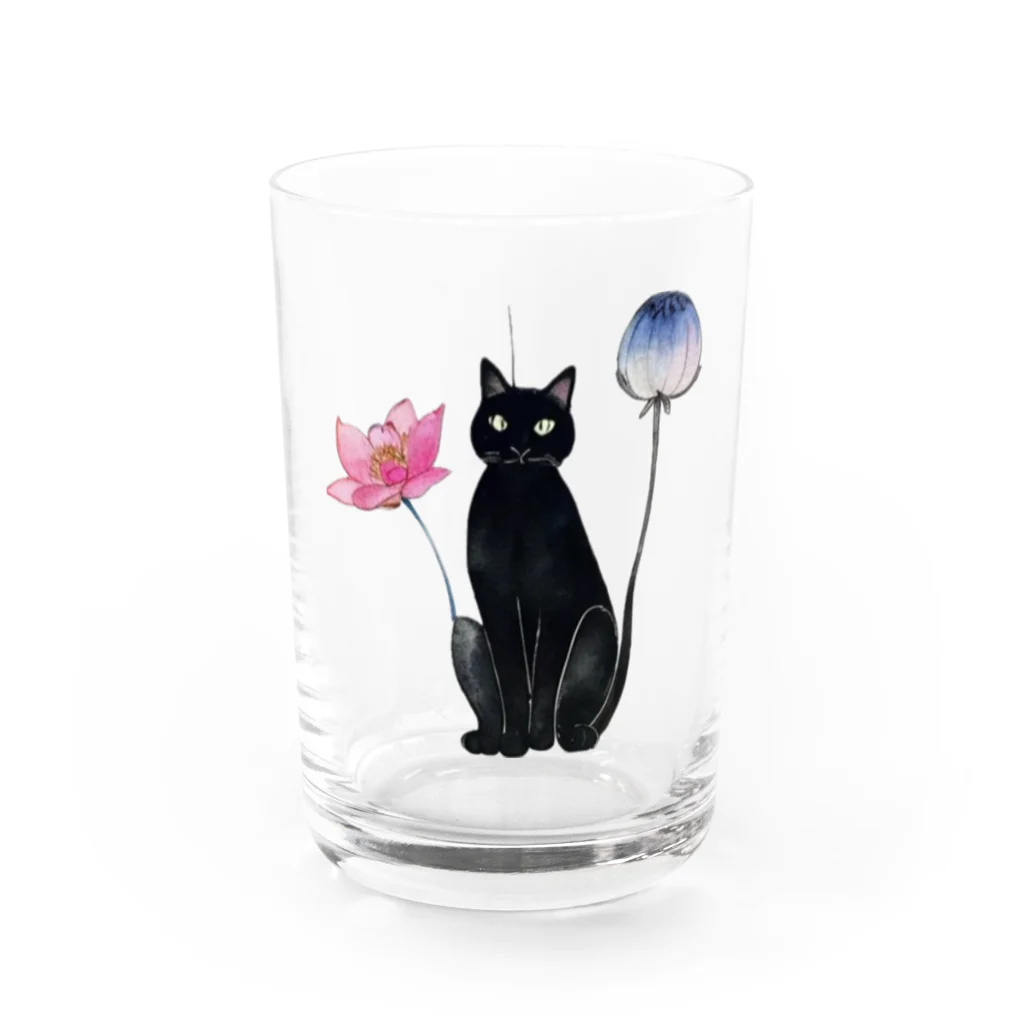 幸運のしっぽの黒猫と花 Water Glass :front