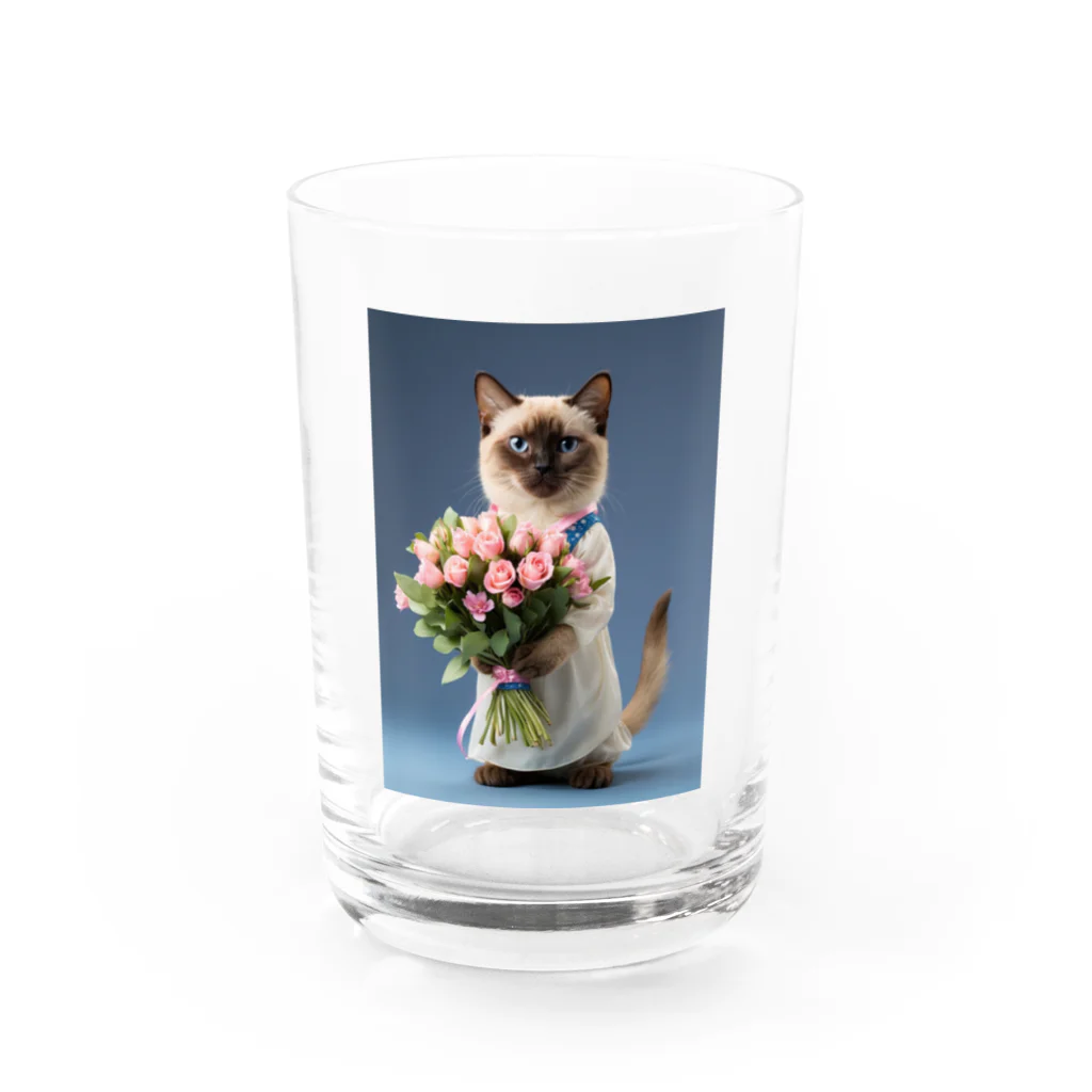 kuronyansuzuの花束を持っているシャム猫ちゃん グラス前面