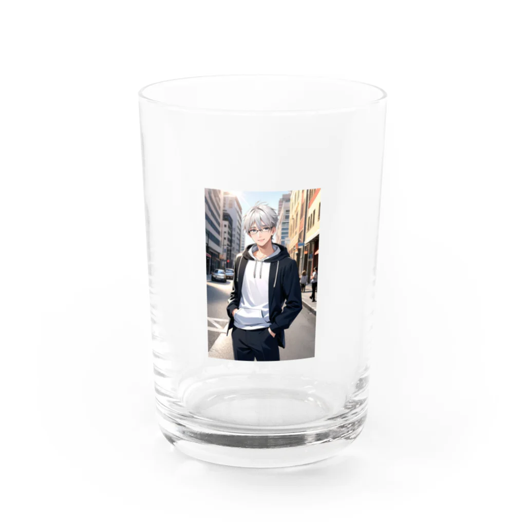 ほっこりアニメマートの白髪メガネ男子 Water Glass :front