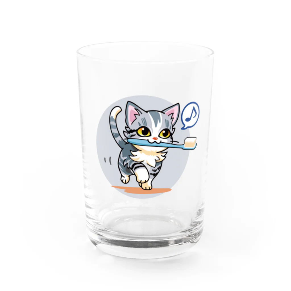 AckeeWolf Art Shopの歯ブラシをくわえたアメリカンショートヘアの子猫 Water Glass :front