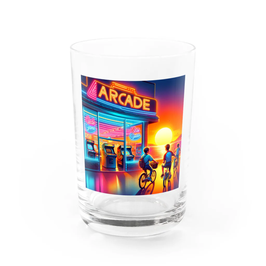 Dracula-modokiの80年代×青春×ゲームセンター×夕日イラスト Water Glass :front