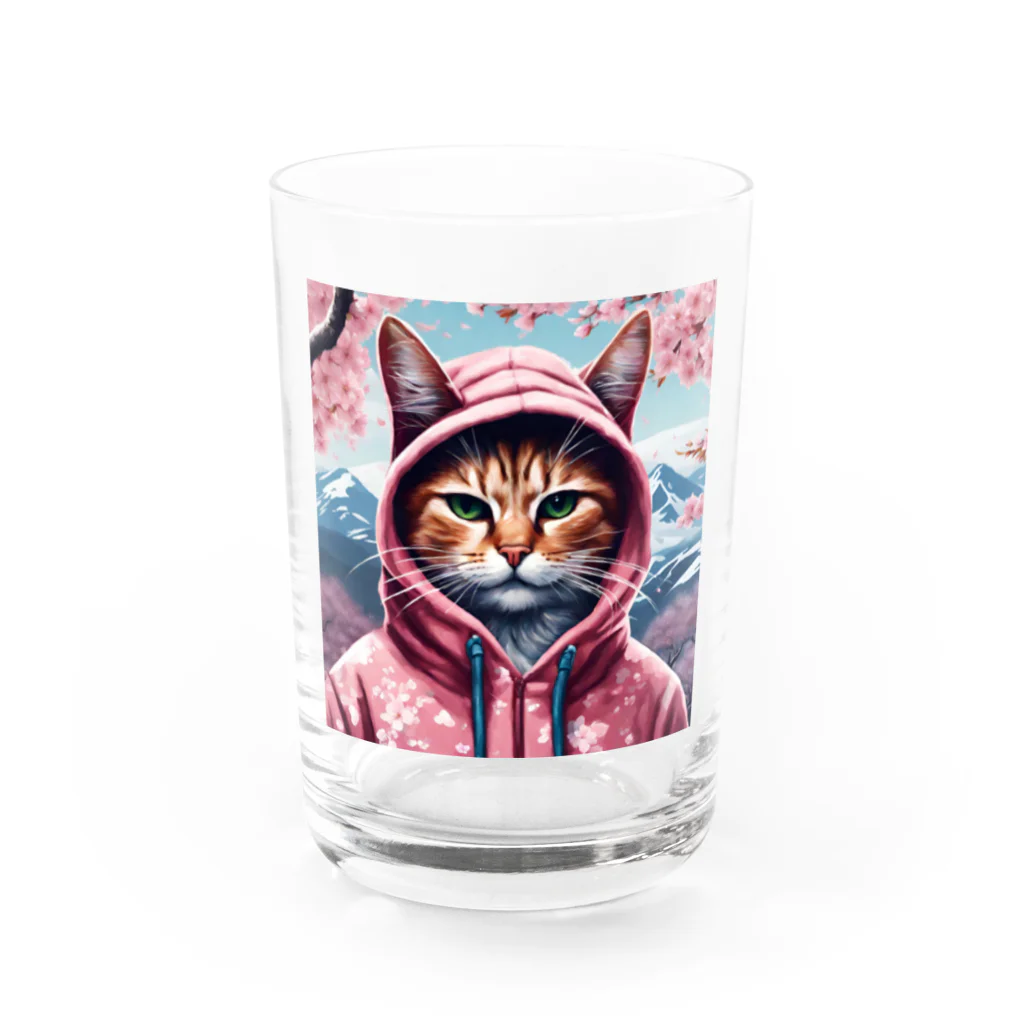 オシャンな動物達^_^の桜舞うなかオシャン猫 Water Glass :front