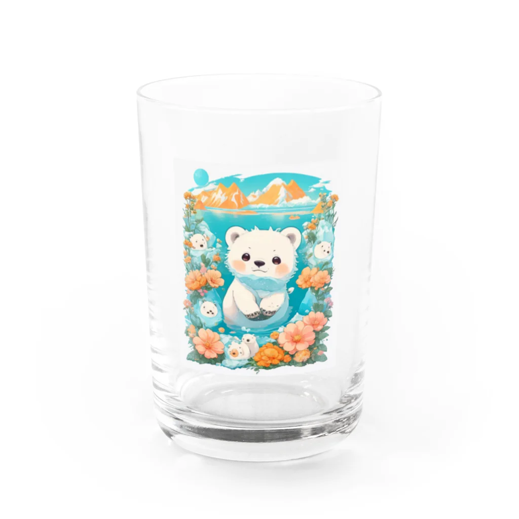 りんりんの可愛いシロクマちゃんショップ　かわいいよ！の白くてふわふわのシロクマちゃんと花々 Water Glass :front