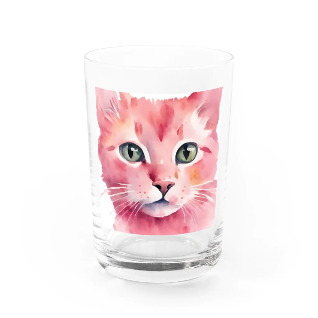 キャツアイのピンクの猫ちゃんやで Water Glass :front