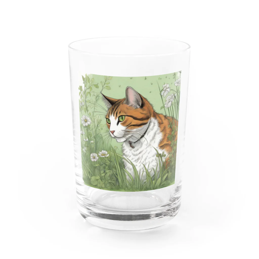 にゃんこーねこの草の中の猫 Water Glass :front