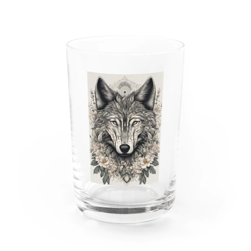 狼迅會の華と曼荼羅モチーフの狼 Water Glass :front