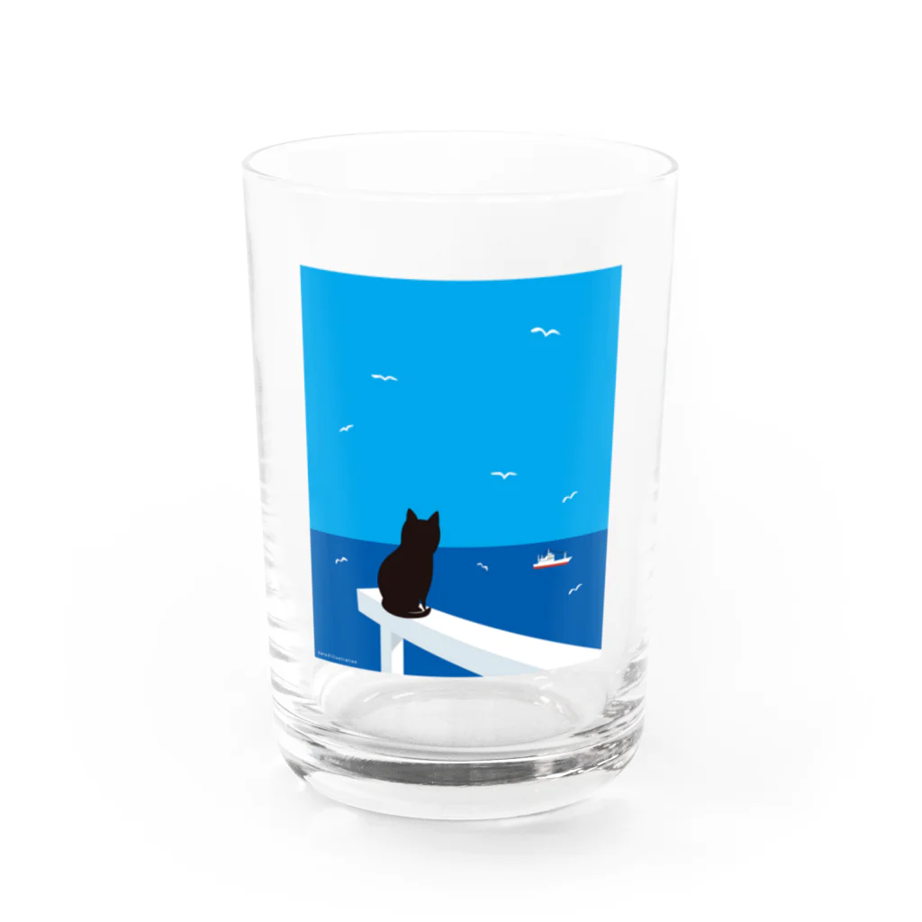 karo///illustrationのデザインにゃんこシリーズ　水平線とネコとカモメ Water Glass :front