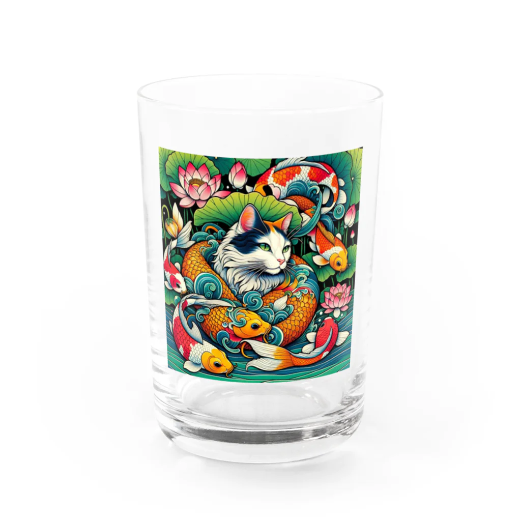 EMAKIの和紋様 x 猫　錦鯉と遊ぶ猫 Water Glass :front