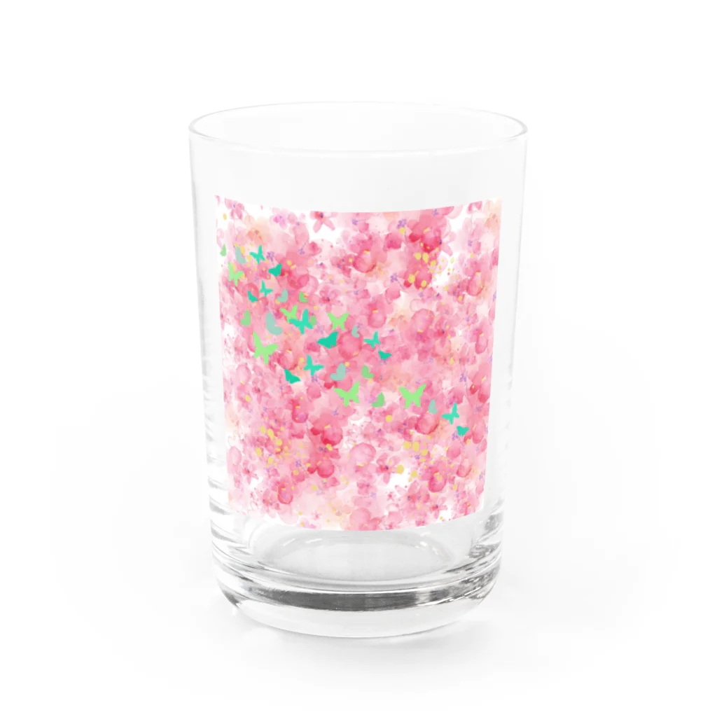 ペコりんショップのピンクフラワーバタフライ Water Glass :front