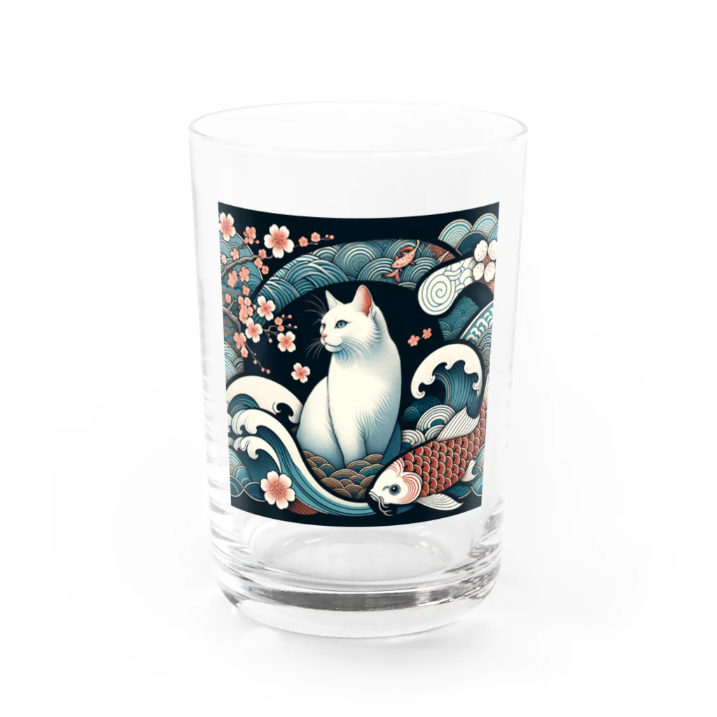 EMAKIの和紋様 x 猫　鯉と桜と波 Water Glass :front