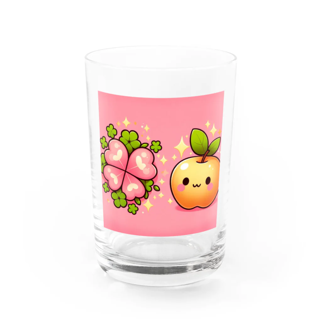 金運上昇金のリンゴの恋愛運アップの金のリンゴとピンクのクローバー Water Glass :front