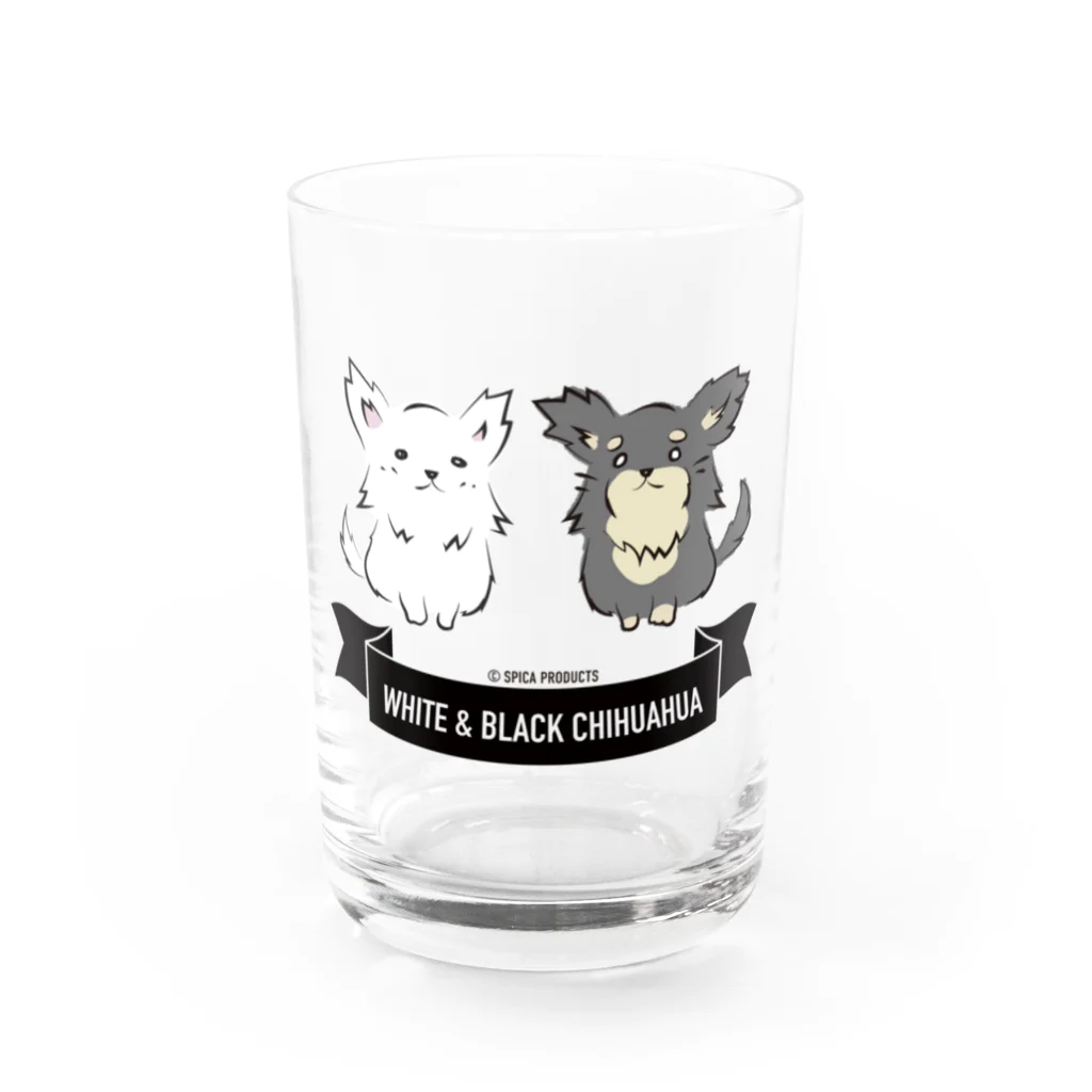 SpicaProducts｜チワワとイイモノ扱うストア🐾の白チワさんと黒チワくん「せいれつ」 Water Glass :front