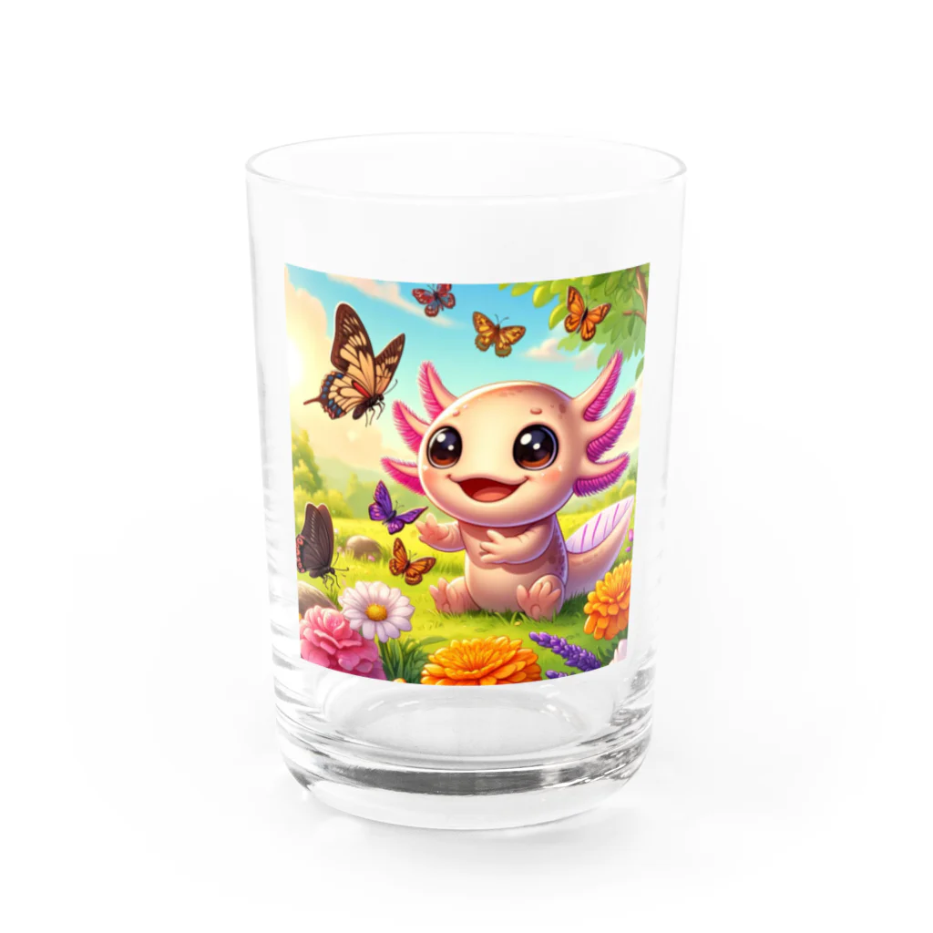 adjustの蝶々と一緒に遊んでいるかわいいウーパールーパー Water Glass :front