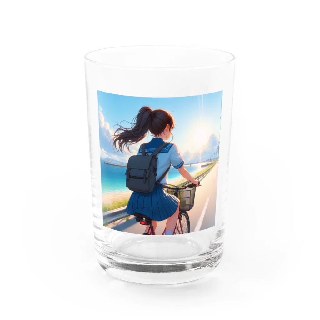 ふりむいての海岸沿いの風、自転車を漕ぐ女の子 Water Glass :front