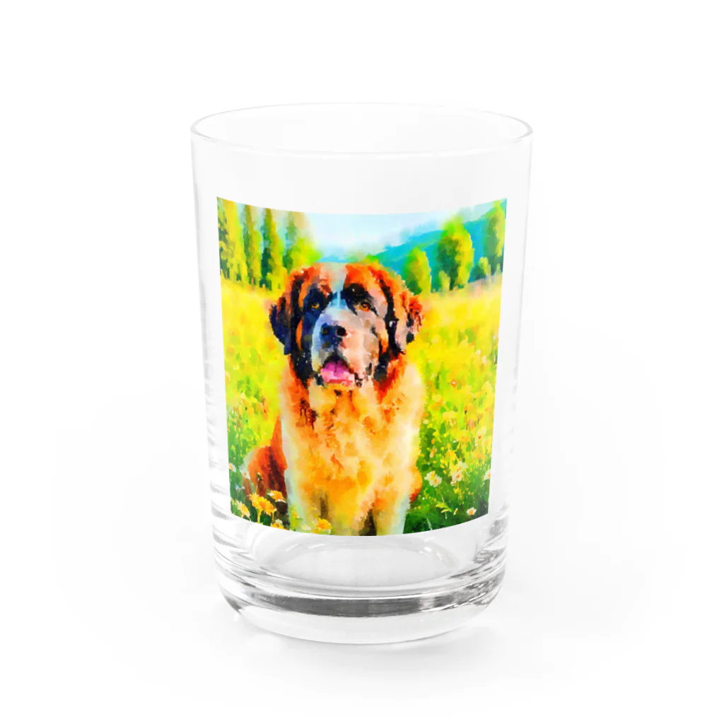 犬好きのしましまの水彩画の犬 花畑のセントバーナードのイラスト Water Glass :front