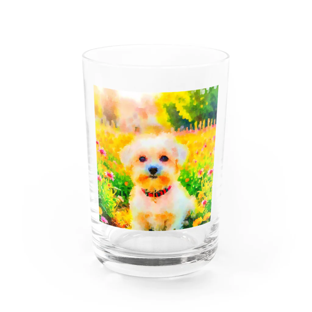 犬好きのしましまの水彩画の犬 花畑のマルチーズのイラスト Water Glass :front