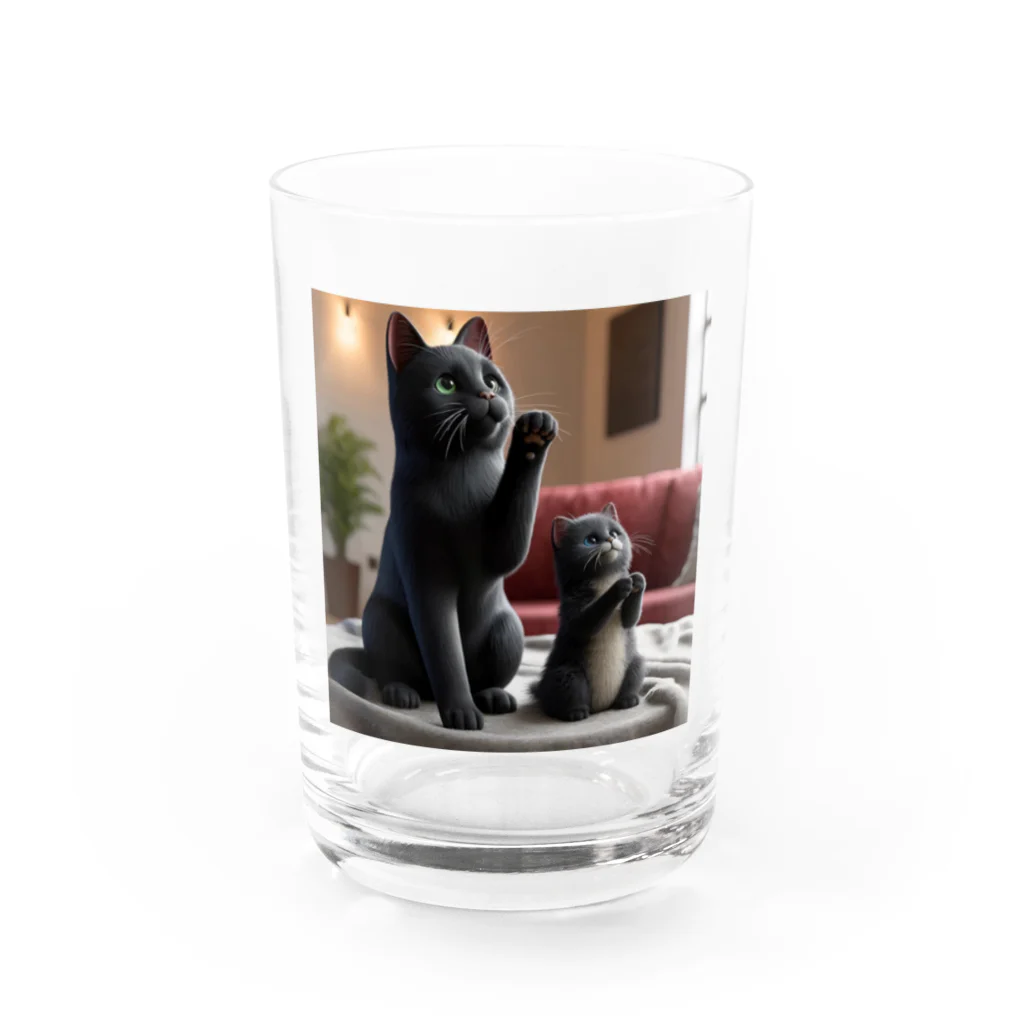 亀蘭タマムシの黒猫親子、お願い Water Glass :front