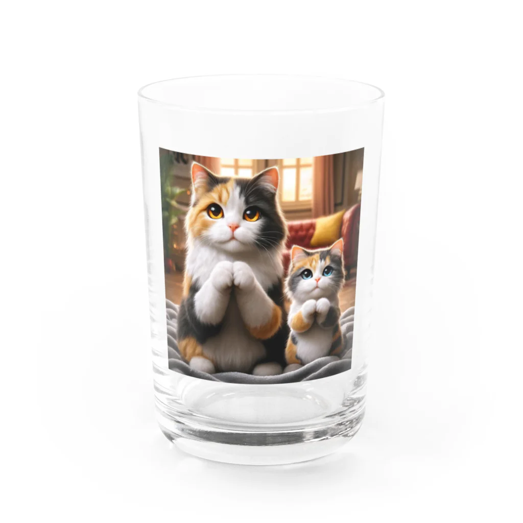 亀蘭タマムシの三毛猫親子のお願い Water Glass :front