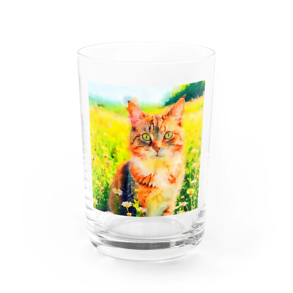 猫好きの谷の猫の水彩画/花畑のマンクスねこのイラスト/キジトラネコ Water Glass :front
