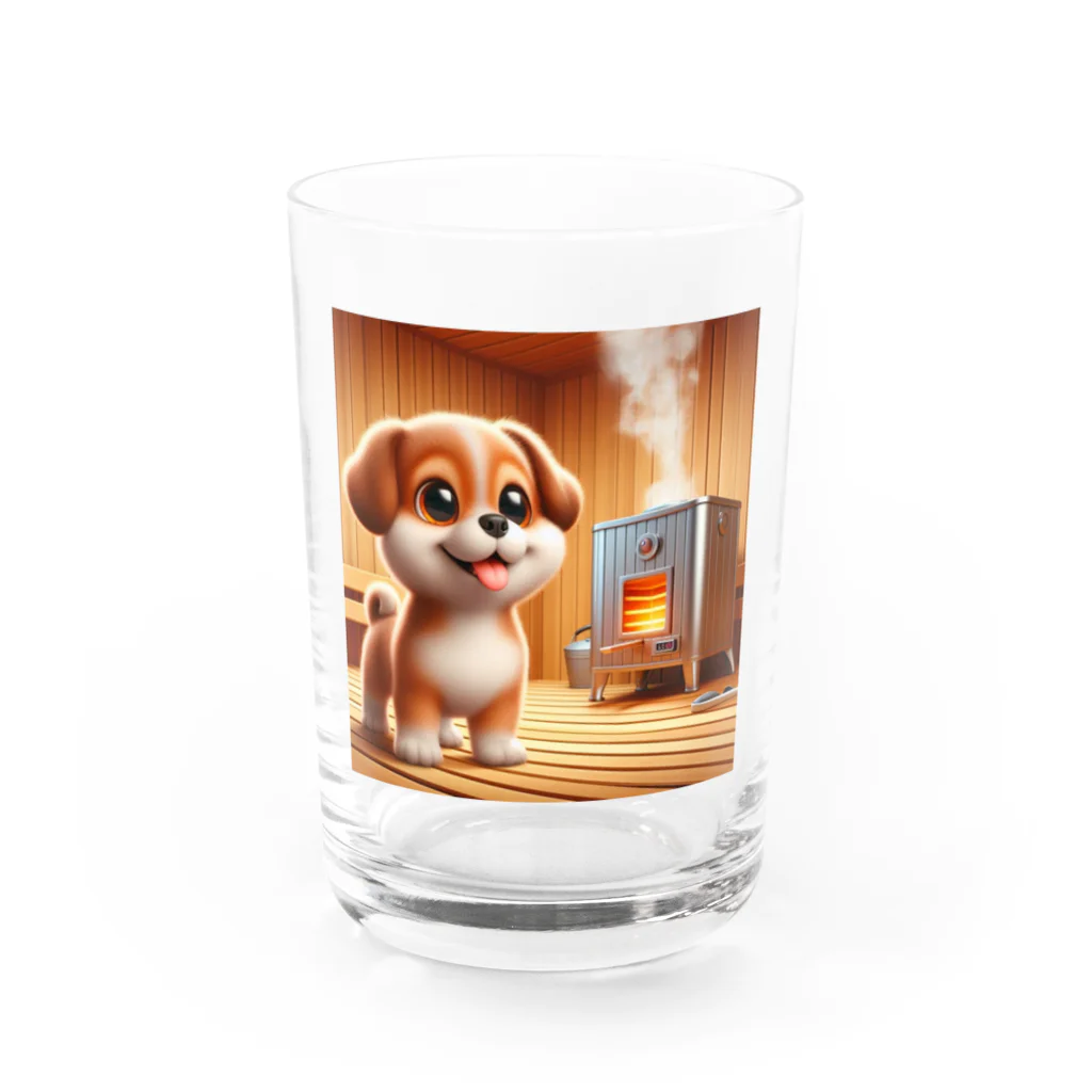 サウナーグッズショップの可愛い子犬がサウナでととのう Water Glass :front