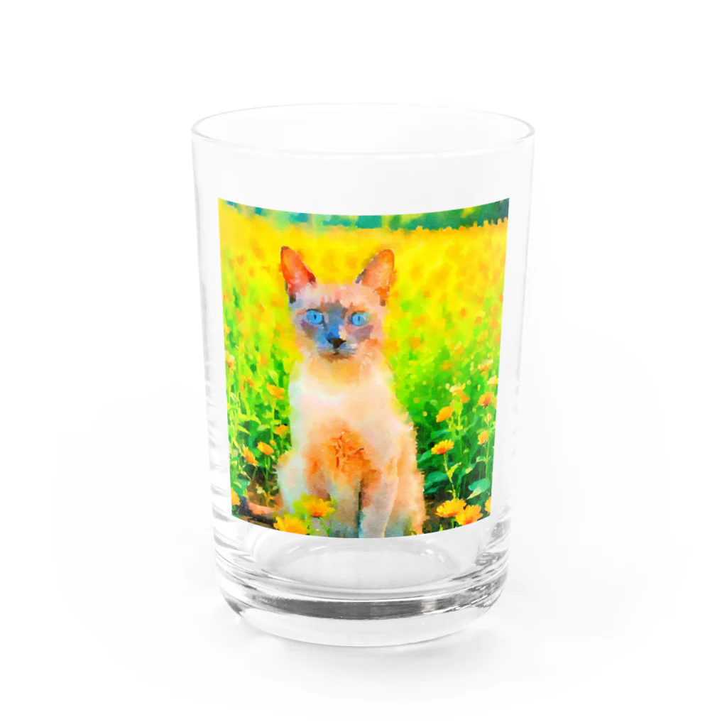 猫好きの谷の猫の水彩画/花畑のトンキニーズねこのイラスト/ポイントネコ グラス前面