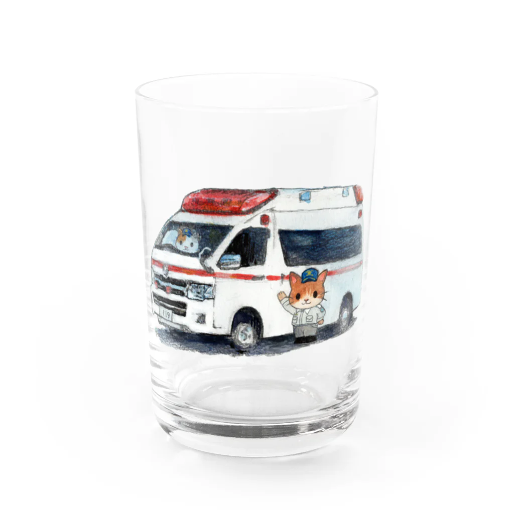 消防 と ねこちゃんの救急車と救急隊のにゃんこ Water Glass :front