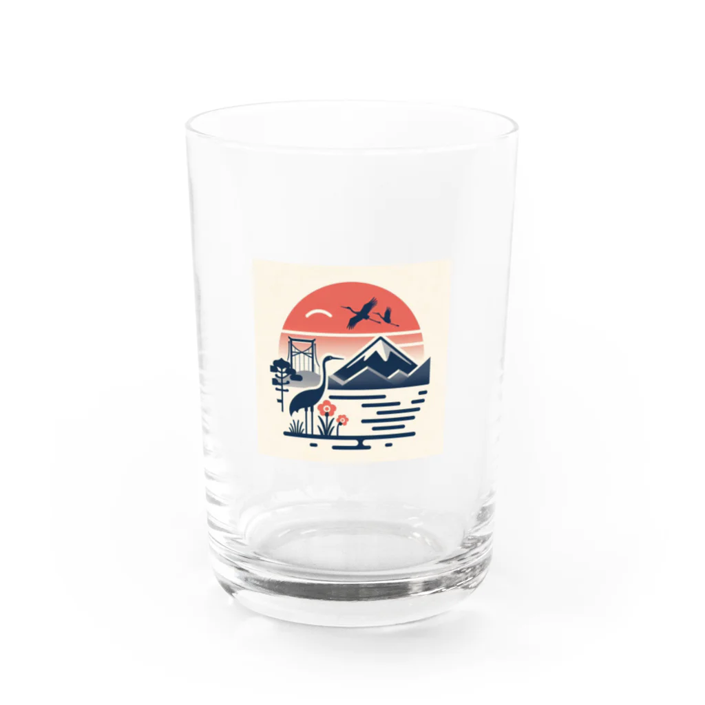 moontajの夕陽に映える鶴と富士 Water Glass :front