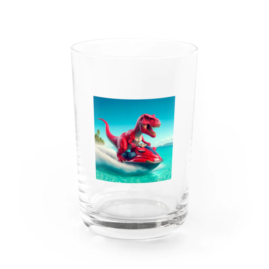 DINO-studioのジェットスキーを楽しむ赤ティラノ Water Glass :front