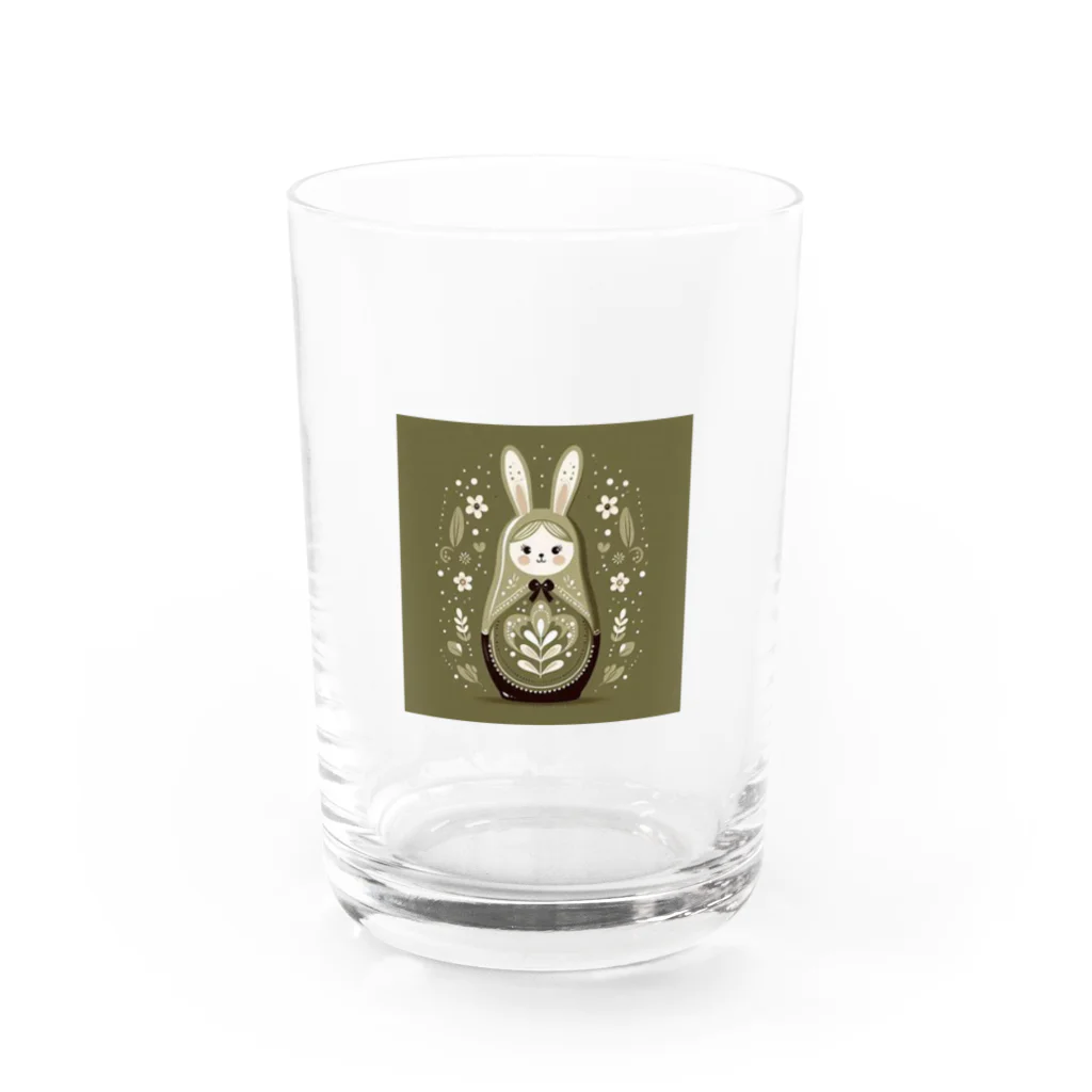 可愛い動物マトリョーシカのうさぎのマトリョーシカ（カーキ） Water Glass :front