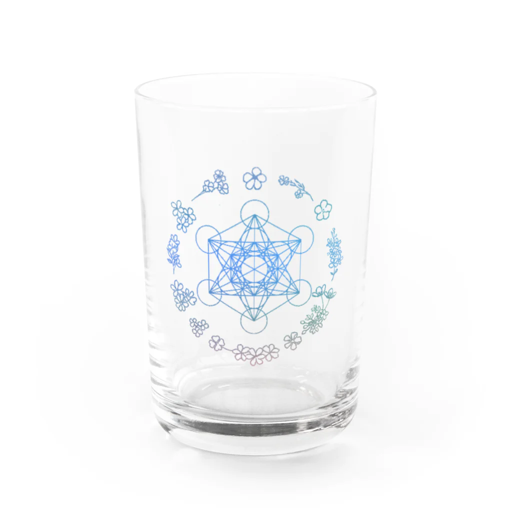 Metatron’s Cube Cosmosのメタトロンキューブ神聖幾何学と優しいパステルカラーの花のリース Water Glass :front