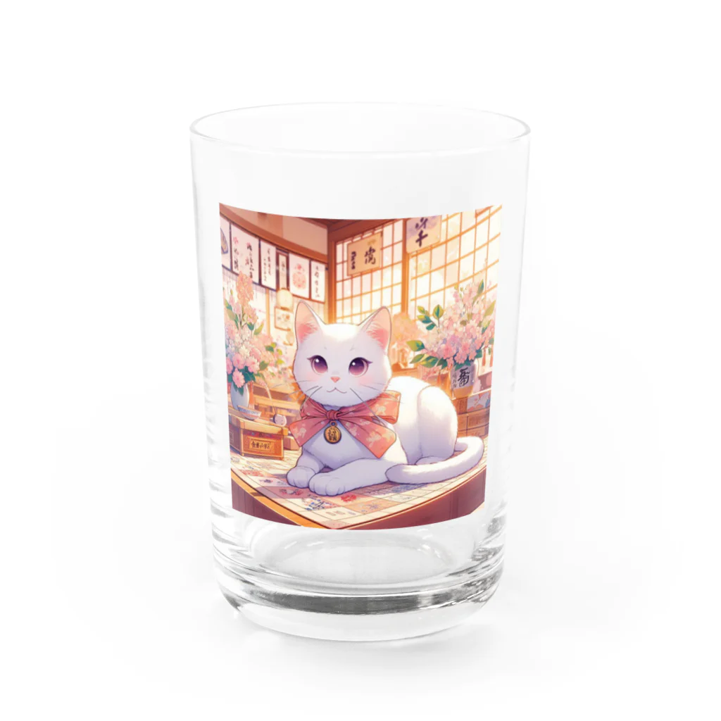 Yukari3977のリボンをつけた白猫ちゃん Water Glass :front