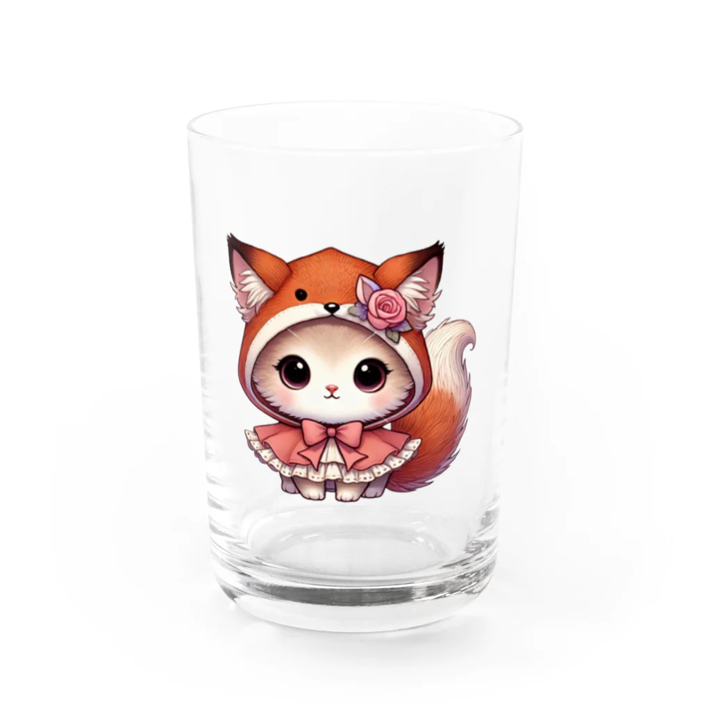 Snow-peaceの可愛いキツネのフードをかぶった子猫のイラスト グラス前面