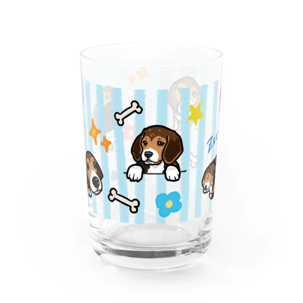 イラストカフェ（ビーグル）のビーグル★ストライプ（ブルー） Water Glass :front