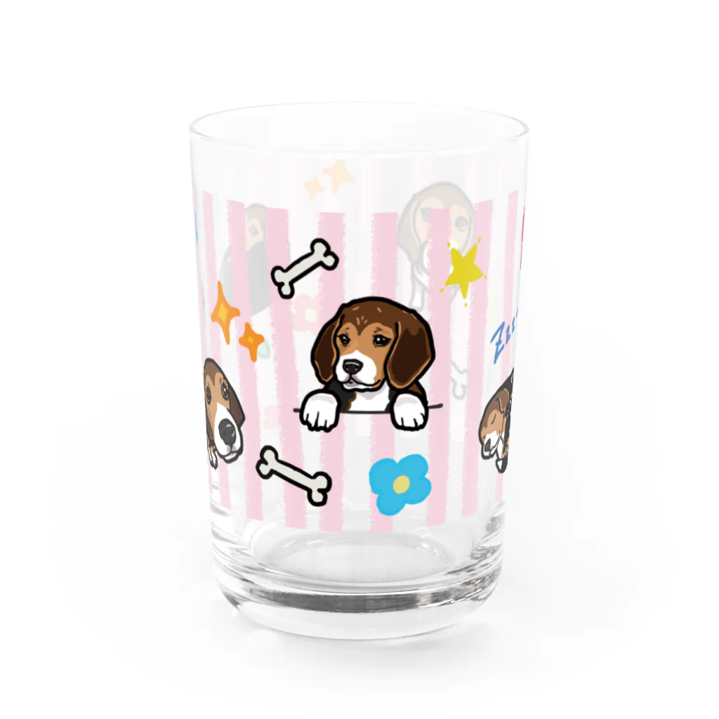 イラストカフェ（ビーグル）のビーグル★ストライプ（ピンク） Water Glass :front