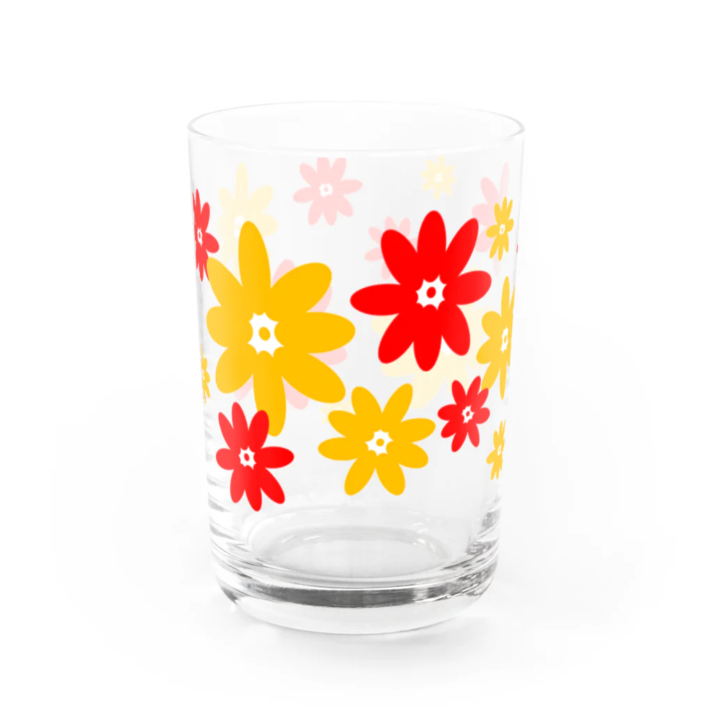 (^ω^)∩　　よ⊃のレトロな花柄　赤+黄 Water Glass :front