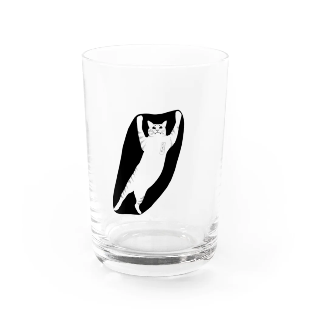 café TIGERの踏ん張って穴を伸ばす猫 Water Glass :front