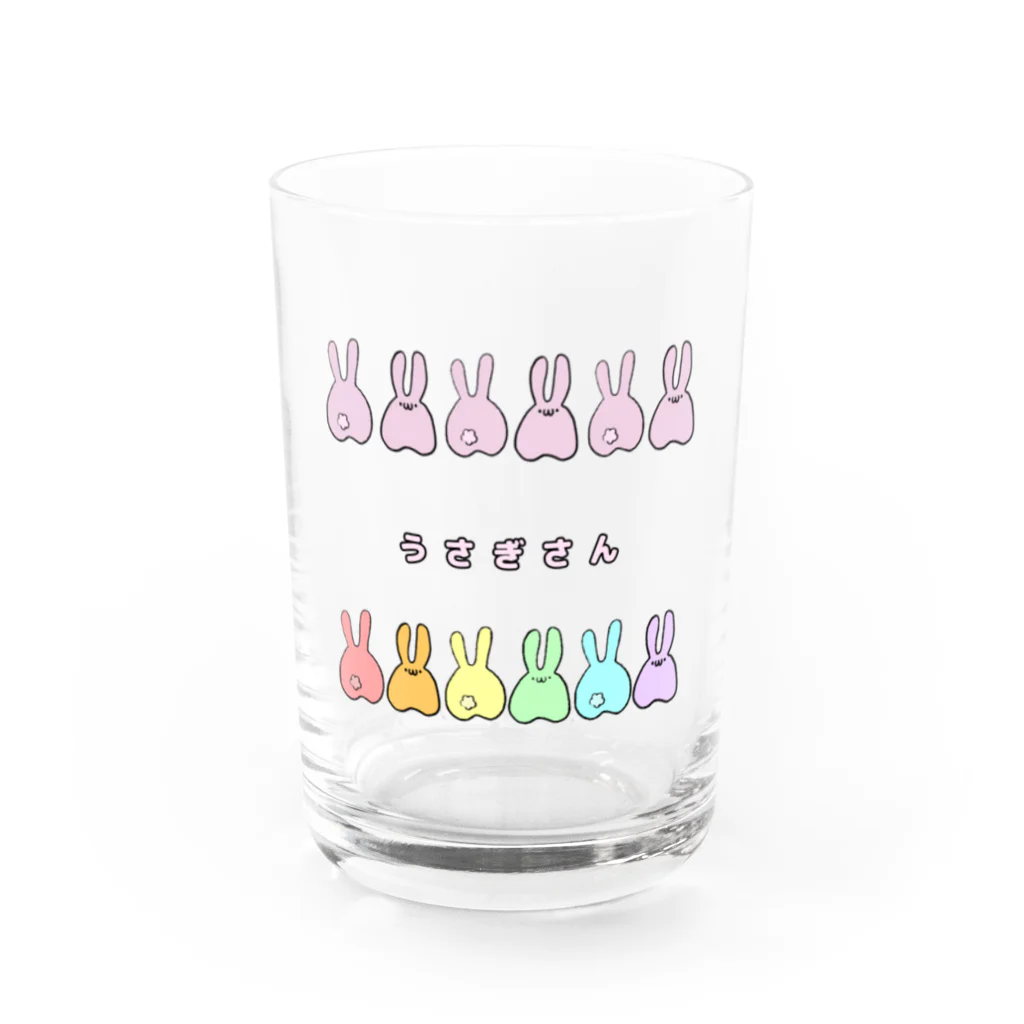 うさぎさん屋さんの並んだピンクうさぎさんとカラフルうさぎさん Water Glass :front