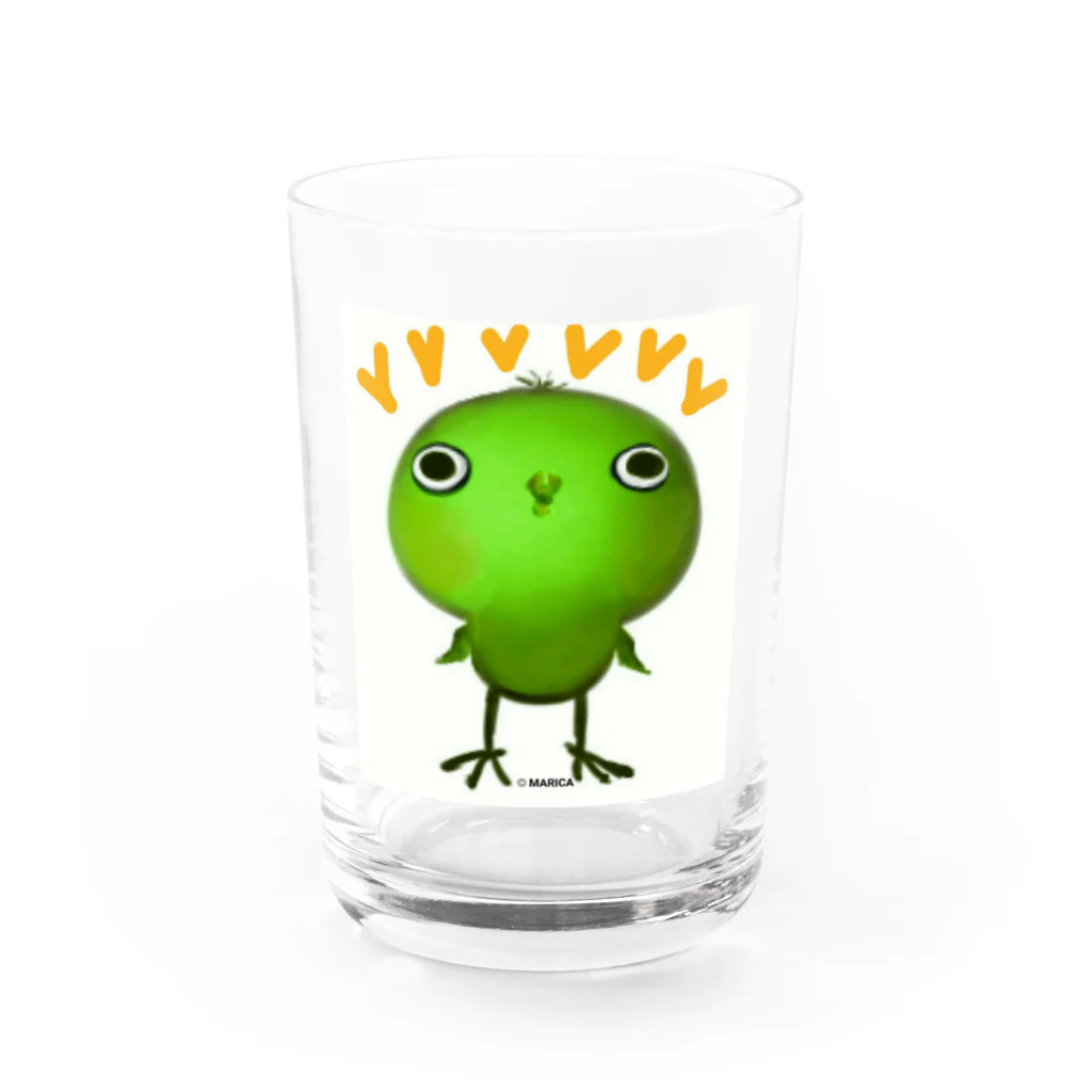 ひよ房の【枠付き】グリーンのびのびヒヨコ🐤ハッピー🎵   Water Glass :front