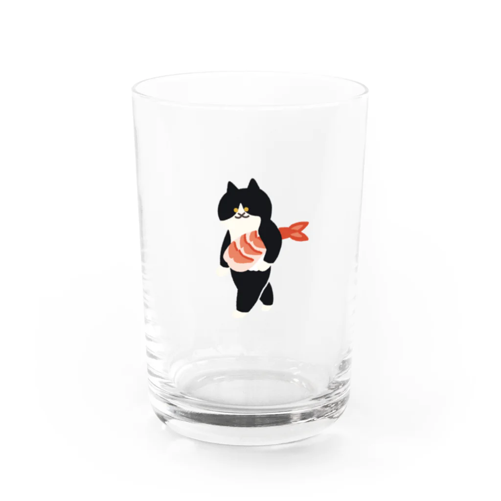 SUIMINグッズのお店の海老の握り寿司を機嫌よく運ぶねこ Water Glass :front