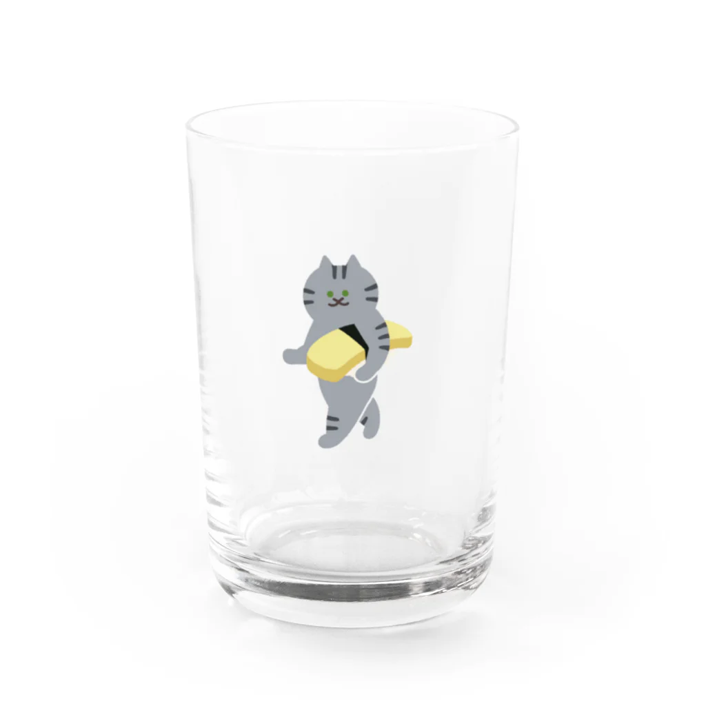 SUIMINグッズのお店の玉子の握り寿司をのんびり運ぶねこ Water Glass :front