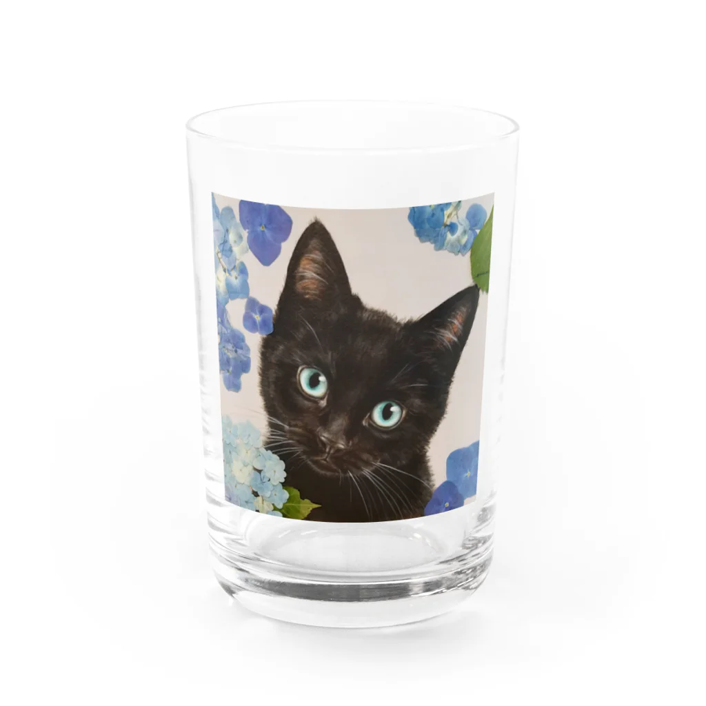 おちょぴの紫陽花とくろねこ Water Glass :front