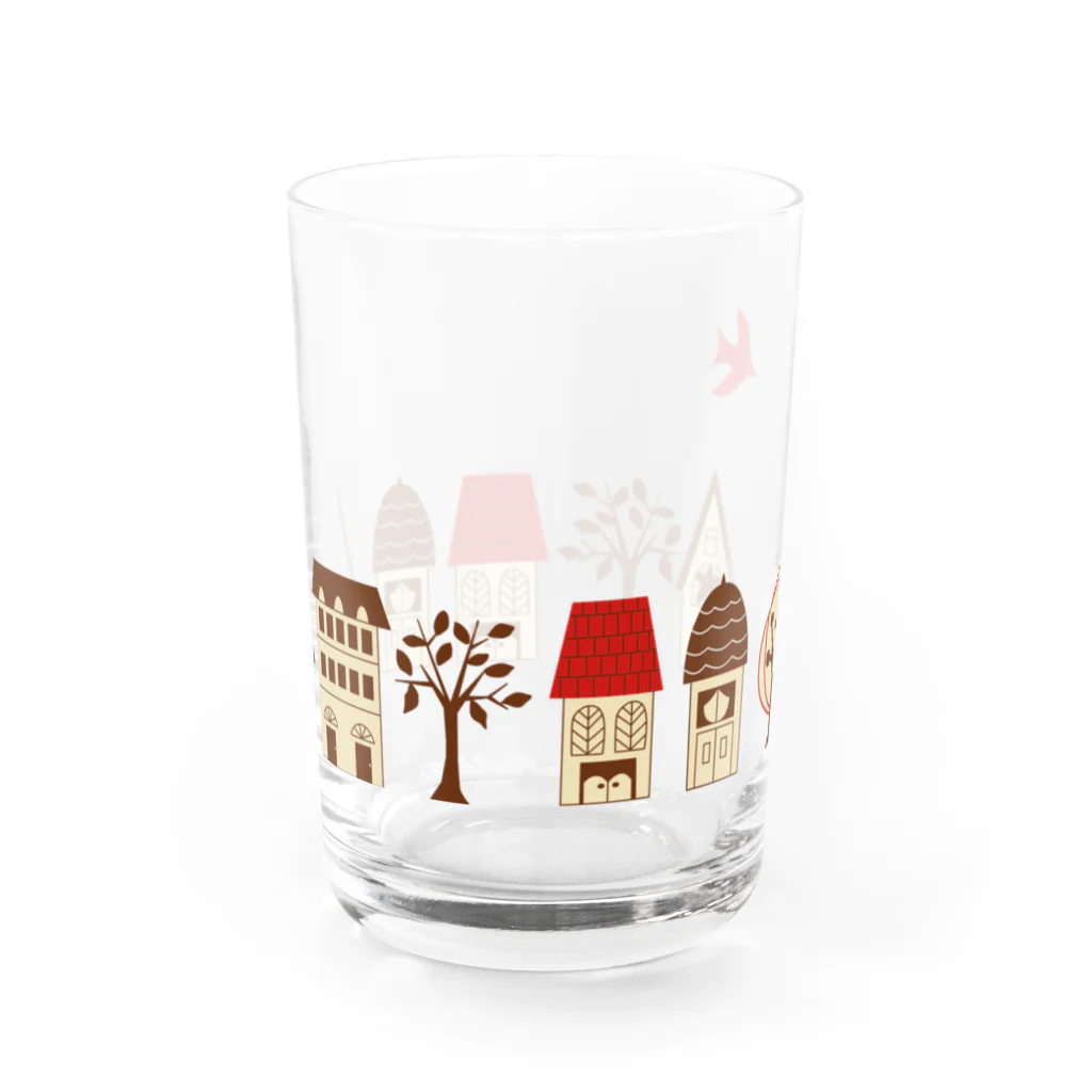 satoharuの家並みと赤い鳥 Water Glass :front