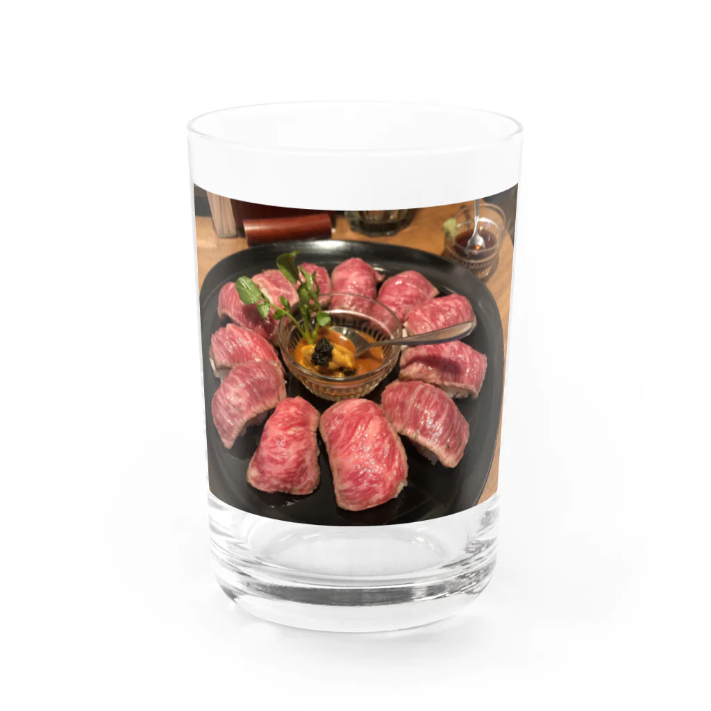 ミナトグリルのお土産屋さんの黒毛和牛の肉寿司 Water Glass :front