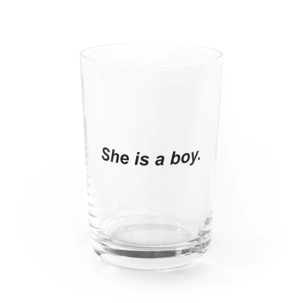 NinjaBoyのShe is a boy. gray Water Glass :front