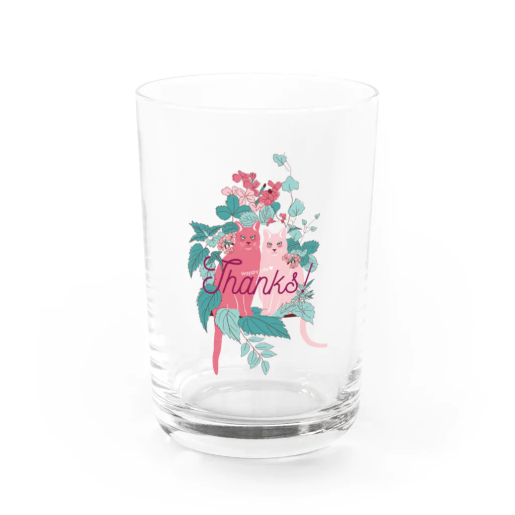 花と猫　オリジナルショップのpink cat Water Glass :front