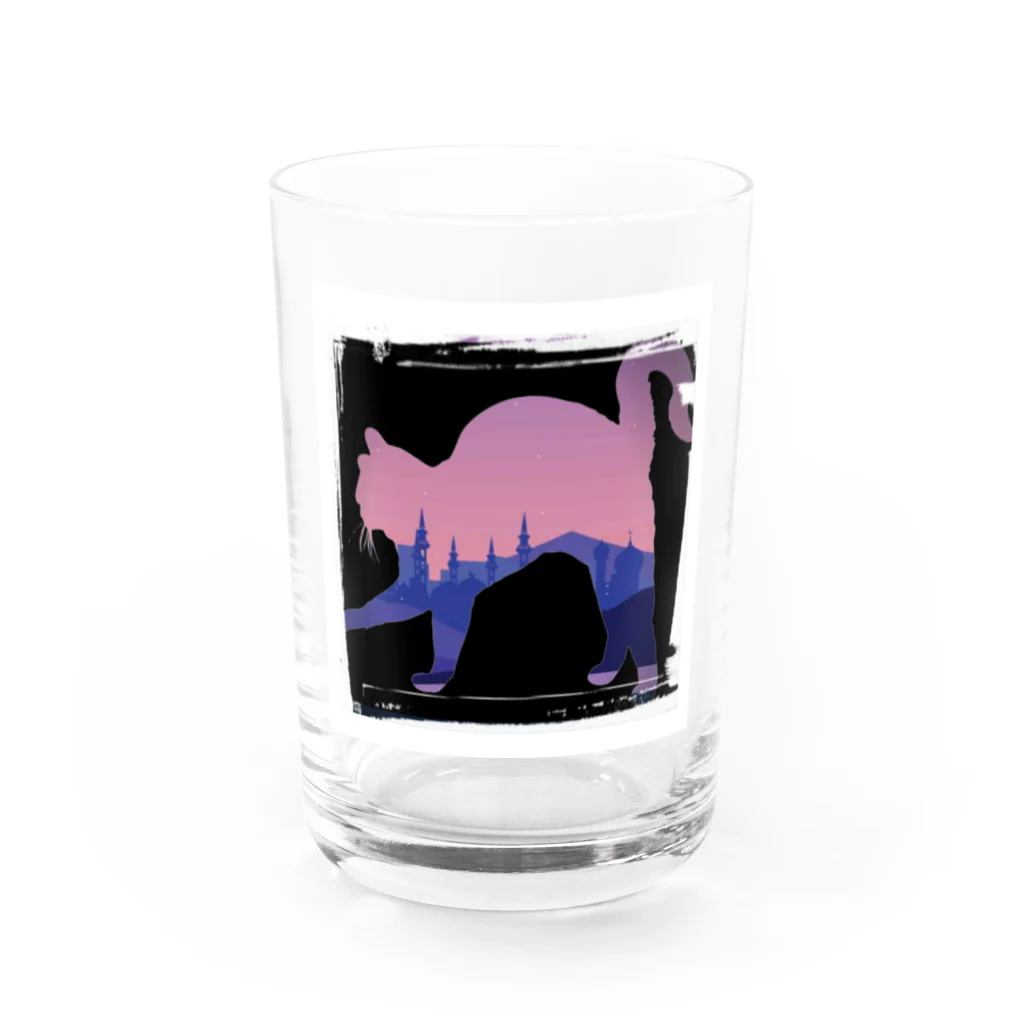 3Nyan's Mom 〜猫グッズ屋さん〜の黒ピンク 伸び猫 Water Glass :front