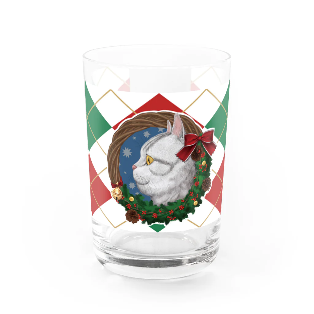 野田　尚花のクリスマスリースと猫　アーガイル柄 Water Glass :front