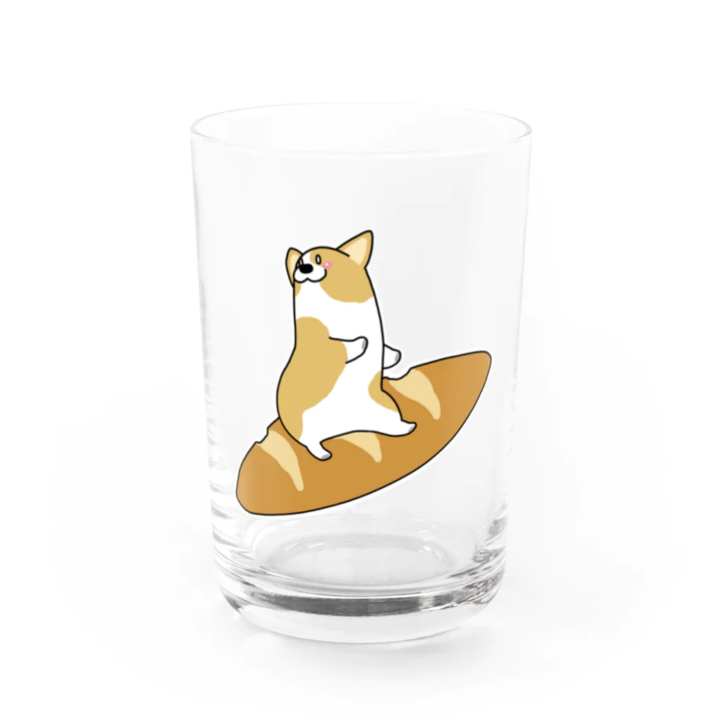 5corgisの颯爽とパンを乗りこなすコーギー Water Glass :front