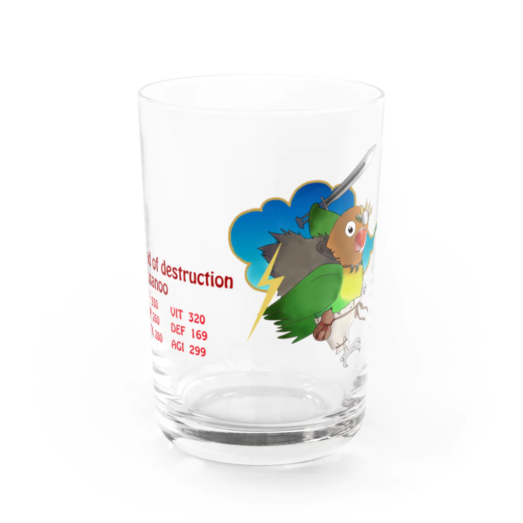 インコグッズのお店　ラブバード亭のルリコシボタン（破壊神スサノオ　RPG風ステータスバージョン） Water Glass :front