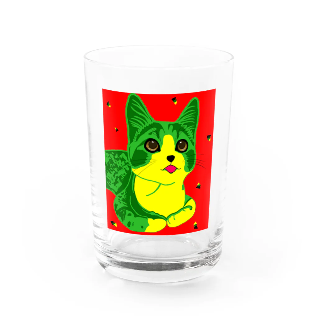 tourbillonの緑と黄色の赤い猫 Water Glass :front